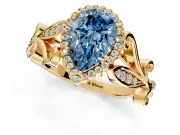 Halo Engagement Ring Setting for Fancy Blue Pear-Shaped Center with Leaf Motif Split Shank and Prong Head in Yellow Gold