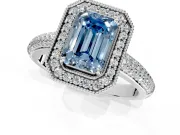 Milgrain Halo Engagement Ring Setting for Fancy Blue Emerald Cut Center with Three-Sided Pave Band and Prong Head in Platinum