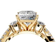 3 Stone Engagement Ring Setting for Princess Cut Center with Pave Split Shank and Prong Head in Yellow Gold