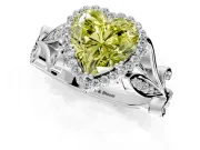 Halo Engagement Ring Setting for Fancy Yellow Heart-Shaped Center with Leaf Motif Split Shank and Prong Head in Platinum