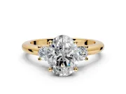 3 Stone Engagement Ring Setting for Oval Center with Wide Plain Band and Prong Head in Yellow Gold