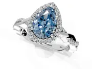 Halo Engagement Ring Setting for Fancy Blue Pear-Shaped Center with Pave and Plain Twist Band and Prong Head in White Gold