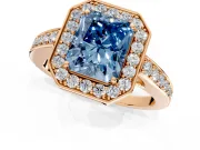 Bezel-Framed Halo Engagement Ring Setting for Fancy Blue Radiant Cut Center with Pave Band and Prong Head in Rose Gold