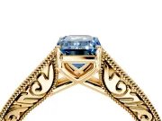 Solitaire Engagement Ring Setting for Fancy Blue Emerald Cut Center with Engraved Pave Band and Prong Head in Yellow Gold