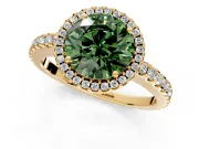 Accent Halo Engagement Ring Setting for Fancy Green Round Cut Center with Full-Length Pave Band and Prong Head in Yellow Gold