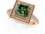 Milgrain Halo Engagement Ring Setting for Fancy Green Princess Cut Center with Three-Sided Pave Band and Prong Head in Rose Gold
