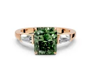 3 Stone Engagement Ring Setting for Fancy Green Radiant Cut Center with Baguette Accents and Prong Head in Rose Gold