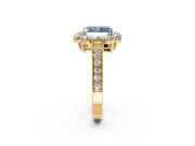 Halo Engagement Ring Setting for Fancy Blue Radiant Cut Center with Milgrain Channel Band and Prong Head in Yellow Gold