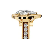 Halo Engagement Ring Setting for Pear-Shaped Center with Outer Bezel Rim, Pave Band and Prong Head in Yellow Gold