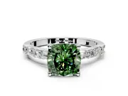 Baguette Engagement Ring Setting for Fancy Green Cushion Cut Center with Alternating Bar-Set Band and Prong Head in White Gold