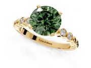 Solitaire Engagement Ring Setting for Fancy Green Round Cut Center with Bezel-Dot Beaded Band and Prong Head in Yellow Gold