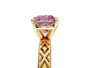 Solitaire Engagement Ring Setting for Fancy Pink Cushion Cut Center with Milgrain X Pattern Band and Prong Head in Yellow Gold