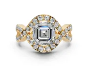 Halo Engagement Ring Setting for Asscher Cut Center with Pave Infinity Twist Band and Prong Head in Yellow Gold