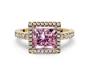 Accent Halo Engagement Ring Setting for Fancy Pink Princess Cut Center with Full-Length Pave Band and Prong Head in Yellow Gold