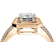 Milgrain Halo Engagement Ring Setting for Radiant Cut Center with Three-Sided Pave Band and Prong Head in Rose Gold