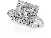 Pave Halo Engagement Ring Setting for Princess Cut Center with Single Row Pave Band and Prong Head in Platinum