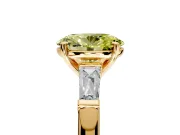 3 Stone Engagement Ring Setting for Fancy Yellow Oval Center with Tapered Baguettes, Plain Band and Prong Head in Yellow Gold