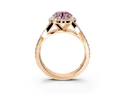 Halo Engagement Ring Setting for Fancy Pink Round Cut Center with Narrow Pave Split Shank and Prong Head in Rose Gold