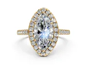 Halo Engagement Ring Setting for Marquise Center with Narrowing Pave Band and Prong Head in Yellow Gold