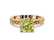Solitaire Engagement Ring Setting for Fancy Yellow Cushion Cut Center with Milgrain X Pattern Band and Prong Head in Yellow Gold
