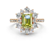 Floral Halo Engagement Ring Setting for Fancy Yellow Emerald Cut Center with Pave Accents and Prong Head in Rose Gold