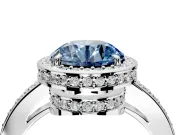 Halo Engagement Ring Setting for Fancy Blue Round Cut Center with Metal-Rimmed Halo, Pave Band and Prong Head in Sterling Silver