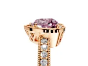 Milgrain Halo Engagement Ring Setting for Fancy Pink Heart-Shaped Center with Wide Pave Band and Prong Head in Rose Gold
