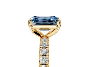 Solitaire Engagement Ring Setting for Fancy Blue Emerald Cut Center with Shared-Prong Accents and Prong Head in Yellow Gold