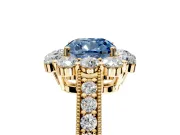 Halo Engagement Ring Setting for Fancy Blue Cushion Cut Center with Milgrain Channel Band and Prong Head in Yellow Gold