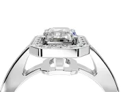 Bezel-Framed Halo Engagement Ring Setting for Emerald Cut Center with Pave Band and Prong Head in Sterling Silver