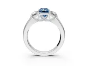 3 Stone Engagement Ring Setting for Fancy Blue Radiant Cut Center with Raised Basket Heads and Prong Head in Platinum