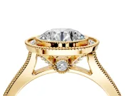 Halo Engagement Ring Setting for Round Cut Center with Milgrain Pave Band and Bezel Head in Yellow Gold
