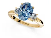 3 Stone Engagement Ring Setting for Fancy Blue Oval Center with Wide Plain Band and Prong Head in Yellow Gold