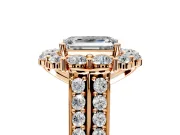 Large Accent Halo Engagement Ring Setting for Emerald Cut Center with Pave Split Shank and Prong Head in Rose Gold