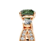 3 Stone Engagement Ring Setting for Fancy Green Cushion Cut Center with Pave Twist Band and Prong Head in Rose Gold