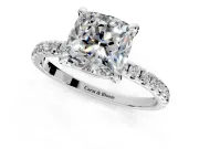 Solitaire Engagement Ring Setting for Cushion Cut Center with Fine Pave Narrow Band and Prong Head in Platinum