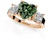 3 Stone Engagement Ring Setting for Fancy Green Heart-Shaped Center with Matching Side Accents and Prong Head in Rose Gold