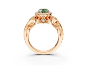 Milgrain Halo Engagement Ring Setting for Fancy Green Oval Center with Shoulder Bezels and Prong Head in Rose Gold