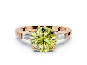 3 Stone Engagement Ring Setting for Fancy Yellow Round Cut Center with Channel Baguette Accents and Prong Head in Rose Gold