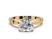 Solitaire Engagement Ring Setting for Heart-Shaped Center with Carved Leaf Shoulders and Prong Head in Yellow Gold