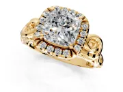 Halo Engagement Ring Setting for Cushion Cut Center with Open Scroll Shoulders and Prong Head in Yellow Gold