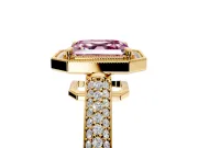 Milgrain Halo Engagement Ring Setting for Fancy Pink Asscher Cut Center with Three-Sided Pave Band and Prong Head in Yellow Gold