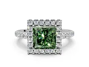Pave Halo Engagement Ring Setting for Fancy Green Princess Cut Center with Single Row Pave Band and Prong Head in Sterling Silver