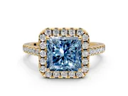Halo Engagement Ring Setting for Fancy Blue Princess Cut Center with Raised Halo, Pave Band and Prong Head in Yellow Gold