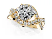Halo Engagement Ring Setting for Heart-Shaped Center with Pave Infinity Twist Band and Prong Head in Yellow Gold