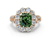 Large Accent Halo Engagement Ring Setting for Fancy Green Radiant Cut Center with Pave Split Shank and Prong Head in Rose Gold