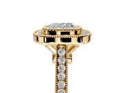 Halo Engagement Ring Setting for Cushion Cut Center with Milgrain Frame, Pave Band and Prong Head in Yellow Gold