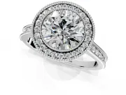 Halo Engagement Ring Setting for Round Cut Center with Milgrain Pave Band and Bezel Head in Platinum