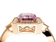 Halo Engagement Ring Setting for Fancy Pink Radiant Cut Center with Milgrain Rim, Pave Band and Prong Head in Rose Gold