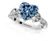 Leaf Motif Engagement Ring Setting for Fancy Blue Heart-Shaped Center with Pave Band and Prong Head in Sterling Silver